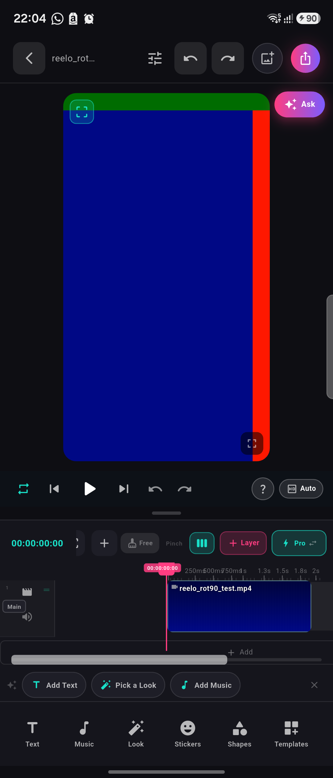 Reelo canvas showing a portrait clip composited upright