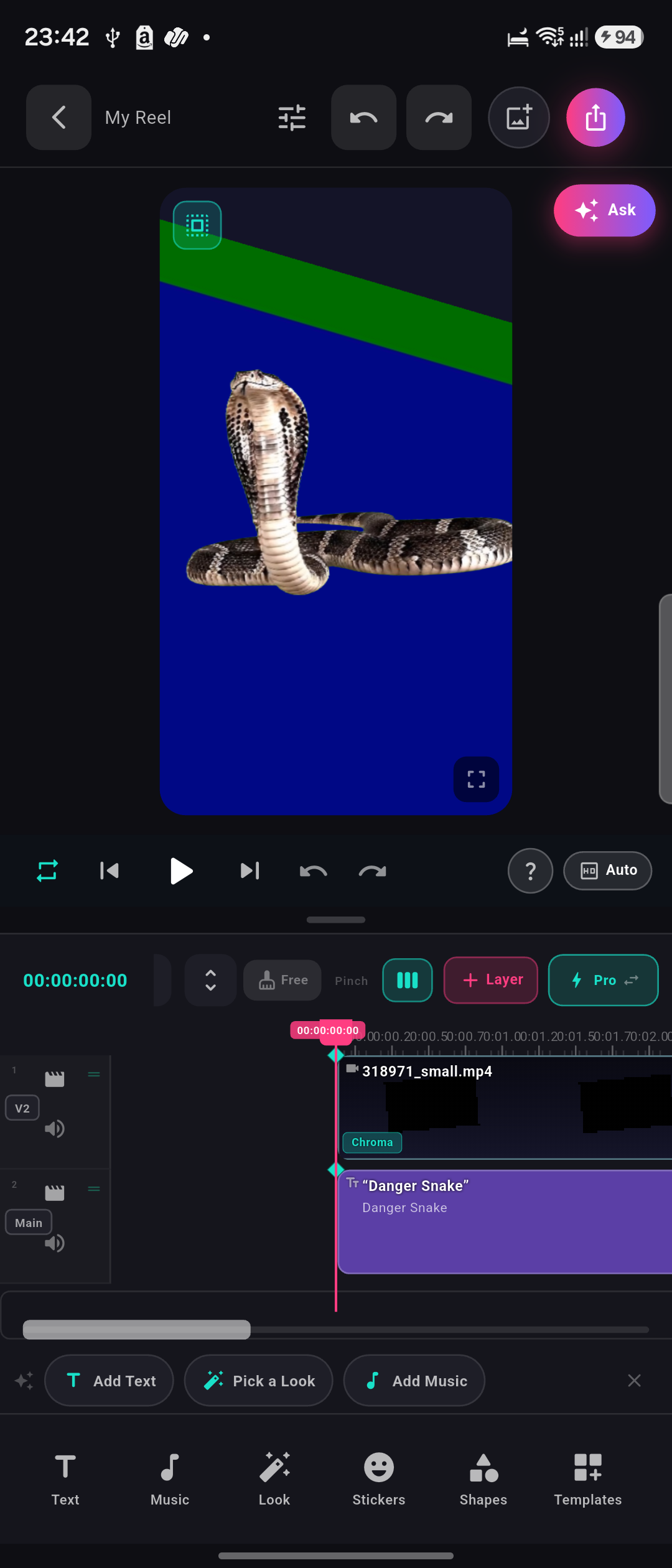 Reelo editor: multi-track timeline with a green-screen clip and live preview