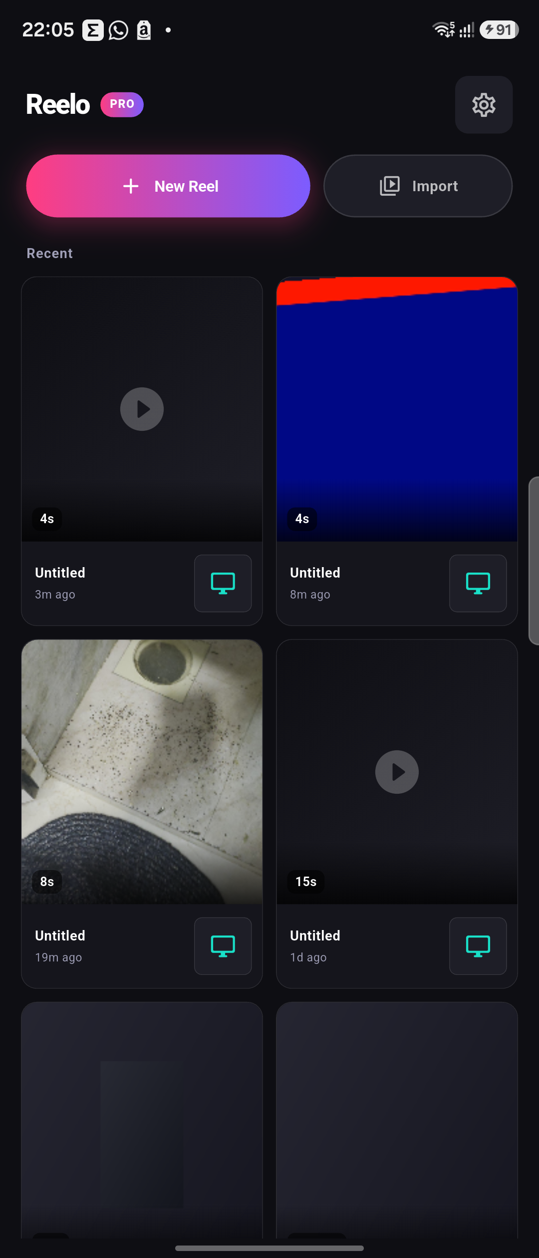 Reelo home screen with recent projects and one-tap New Reel and Import