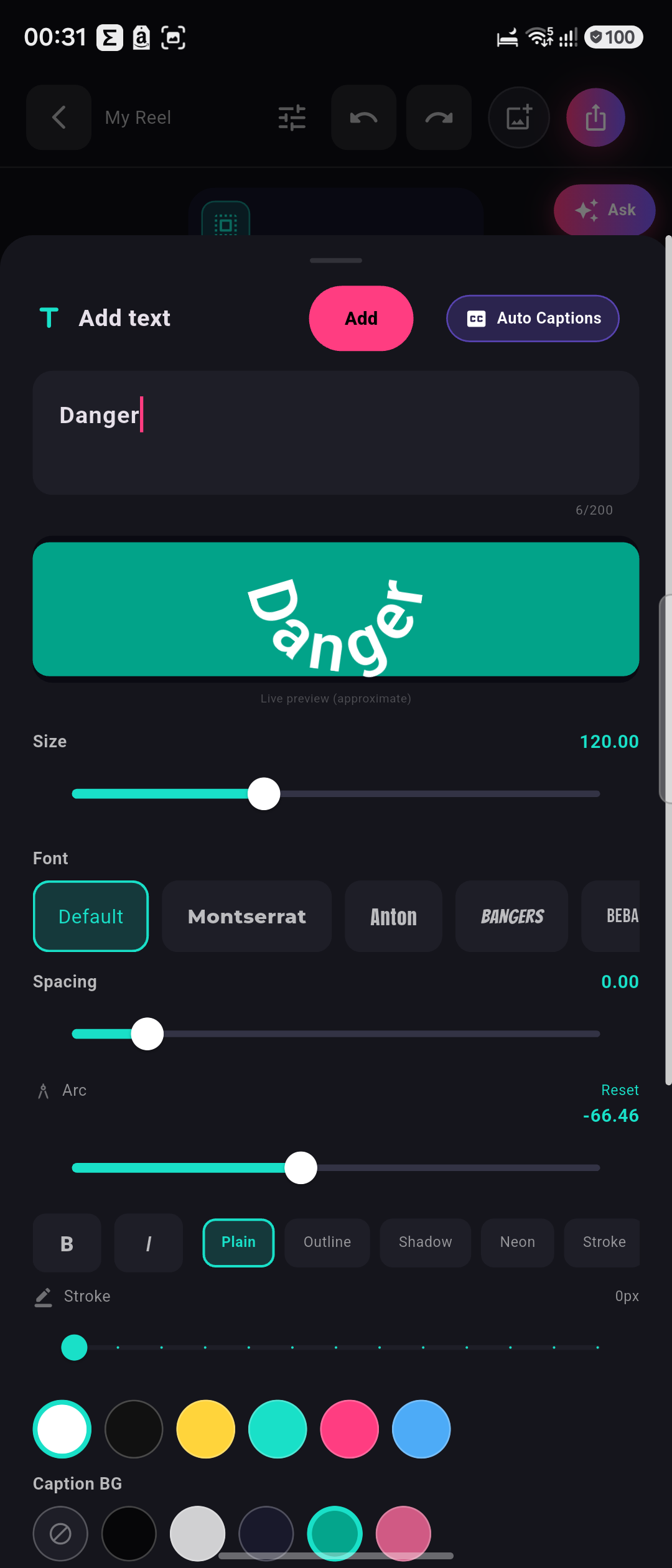 Reelo text tool: fonts, colours, curved text and backgrounds with a live preview